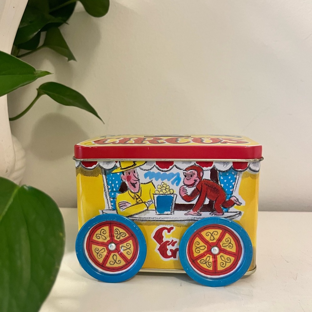 Vintage Curious George Metal Piggy Bank On Wheels - Kids Birthday Gift